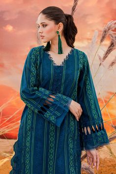 Nureh Lenore Shades Of Winter Original brand suit fabric and photography lite diffrance in actual print. Blue Bohemian Lawn Suit With Long Sleeves, Blue Bohemian Long-sleeved Lawn Suit, Designer Winter Dresses, Lace Designs On Suits, Kameez Design, Transition Dress, Amazon Fall Fashion, Look Expensive On A Budget, Casual Kurti