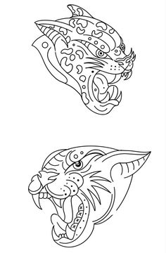 two tiger heads are shown in black and white, one has an ornate design on it