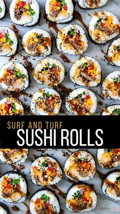 sushi rolls on a tray with sauce and toppings in the background text reads sushi rolls