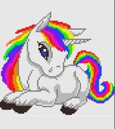 a cross stitch pattern of a white unicorn with rainbows on it's face