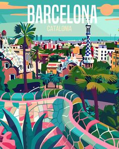 an illustration of barcelona, spain with palm trees and buildings in the background