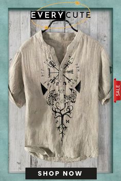 Men's Viking Graphic Art Linen Blend Shirt Artistic Crew Neck Shirt For Summer, Artistic Short Sleeve Relaxed Fit Shirt, Artistic Short Sleeve Relaxed Shirt, Ladies Tops Fashion, Linen Blend, Vikings, Graphic Art, Shop Now, Women's Top