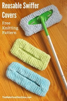 three mop heads and two cleaning sponges on a wooden floor with text reading reusable swiffer covers free knitting pattern