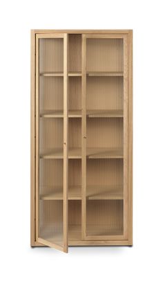 a wooden bookcase with glass doors on the front and bottom shelves in light wood