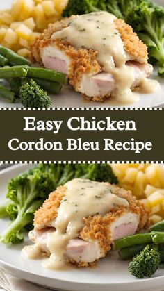 chicken cordon bleu recipe on a plate with broccoli