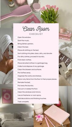 the clean room checklist is shown with pink flowers and other things to do in it