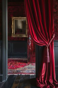 Deep Red Room Aesthetic, Curtain Draping Ideas, How To Style Curtains, Red Room Ideas, Elevated Living Room, Red Curtains Living Room, Living Room Elevation, Red Living Room Decor, Red Interior Design