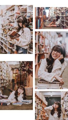 four different pictures of a woman sitting in a book store with books on the shelves