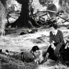 two people laying on the ground next to a tree