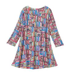 a colorful dress with books all over the front and back, on a white background