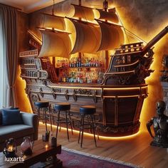 a bar with an illuminated ship on the wall