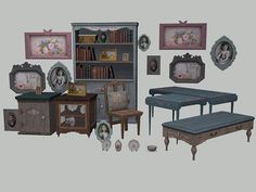 an assortment of furniture and pictures are shown in this image, including bookshelves