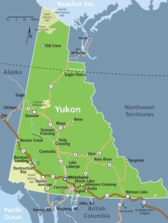 a map of the state of yukon, with major cities and roads in green