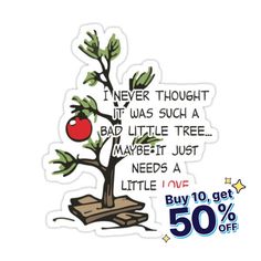 a sticker with an image of a small tree and a red apple on it