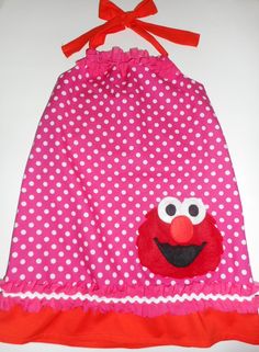 NEW Girl's Handmade Sesame Street Elmo Halter Dress*** Cotton, pink & white polka dot, felt Elmo applique, lace, ribbon, solid orange banding and tie strap. Available in Size 5T. Pink Cotton School Dress, Pink Cotton Dress For School, Playful Cotton Dresses For School, Sesame Street Elmo, Handmade Dress, Dress Handmade, Girls Handmade, Toddler Girl Dresses, Handmade Dresses