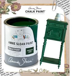 a green painted cabinet next to a chalk paint with the words annie sloan paint on it