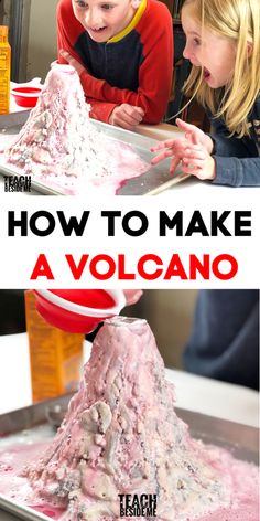 two children are making volcanos in the kitchen with text overlay reading how to make a volcano