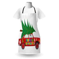 an apron with the image of a red truck and christmas tree on it's back