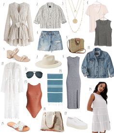 a bunch of clothes and accessories are arranged in a grid pattern, including shoes, jeans jacket, tank top, shirt, shorts, sandals, sunglasses