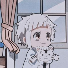 an anime character holding a stuffed animal in front of a window with the curtains open