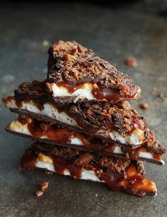 salted caramel bacon bark is stacked on top of each other with the words salted caramel bacon bark below it