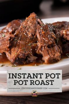 instant pot roast on a white plate with text overlay that reads instant pot roast