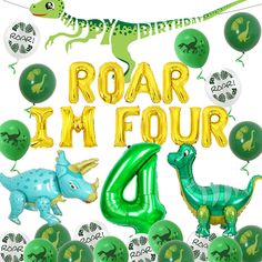 PRICES MAY VARY. All In One: Package includes: 1 gold ROAR I M FOUR foil balloon - 16 inch, 1 green dinosaur happy birthday banner, 12 printed latex balloons - 12 inch, 1 green dinosaur foil balloon, 1 blue Triceratops foil balloon, 1 green number 4 foil balloon 32 inch. One balloon and banner set could meet your needs for a dinosaur theme birthday party celebration. Unique Roar I m 4 Party Decorations: Most of children like dinosaur party, so we use dinosaur elements in 4th birthday party, ROAR Roar I’m Four, Dinosaur Fourth Birthday Party, Roar Im Four Birthday, 4th Dinosaur Birthday Party, Four Year Old Birthday Theme Boy, Roar Im 4 Birthday, 4th Birthday Party For Boys Theme, Dinosaur 4th Birthday Party, 4th Birthday Theme