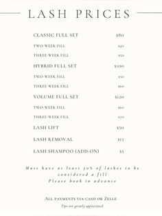 Lash Extension pricing list that I currently use for my clients ✍🏼 #lashes #lashextensions #lashartist #lashtech #sidehustleideas Lashes Price List Ideas, Best Lash Extensions Brands, Eyelash Extensions Price List, Lash Extensions Price List, Lash Extensions Business Checklist, Lash Extensions Guide, Lash Price List Ideas, Extension Aesthetic