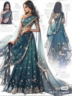 Sari Inspired Dress, Indian Ancient Dress, Dress Design Sketches Indian, Long Indian Dresses, Blue And Gold Saree, Indian Princess Dress, Medival Outfits Women, Fantasy Dress Art, Mandala Dress