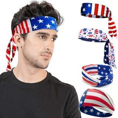 a man wearing an american flag bandana and headbands for patriotic hair accessories