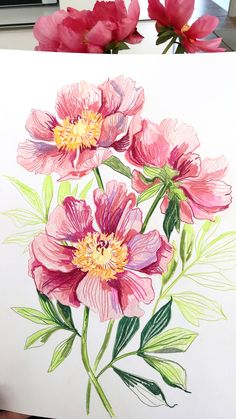 some pink flowers are sitting on top of a piece of paper with watercolor pencils