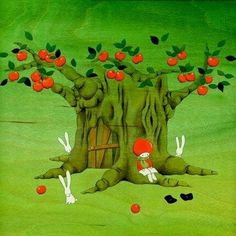 an image of a tree with rabbits and apples growing out of the branches in front of it