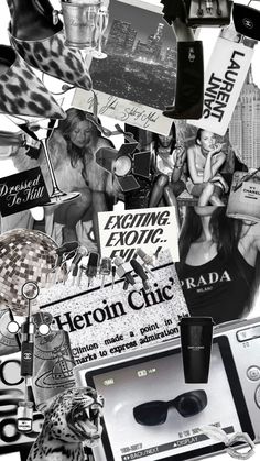 a collage of various items including sunglasses, hats and other things in black and white