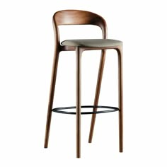 a wooden bar stool with a seat and back rest on a white background in the image