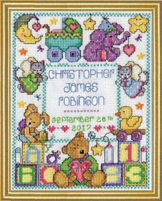 a cross stitch pattern for a baby's birth with teddy bears and other toys