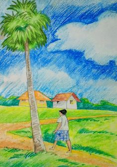 a drawing of a boy walking down the road with a palm tree in front of him