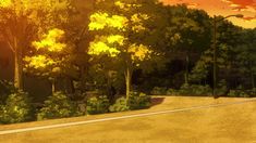 an anime scene with the sun setting in the background and trees on either side of the road