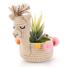 a crocheted alpaca planter with a succulent in it