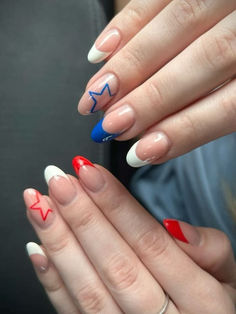 4th of July nails: red, blue, and white French tips with stars Almond Nails 4th Of July, Aesthetic Fourth Of July Nails, Fourth Of July Nails 2024, Nails Acrylic Almond Summer, Classy 4th Of July Nails, Biab Nail, Hawaii Nails