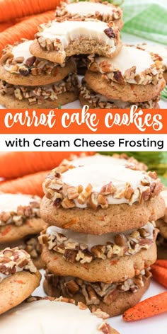 carrot cake cookies with cream cheese frosting are stacked on top of each other in front of carrots