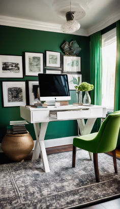 a home office with green walls and pictures on the wall above it, along with a white desk topped with a computer