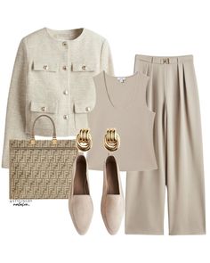 Neutral Wide Leg Pants Outfit, Neutral Work Outfit, Beige Ootd, Outfits For The Office, Loafers Beige, Outfit Office, Capsule Wardrobe Women, Fendi Tote, Spring Work