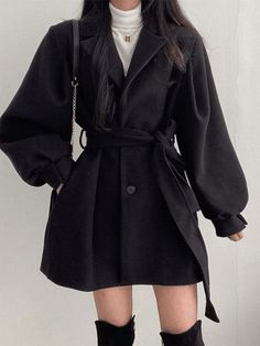 Mid-Long Trench Coat with Belt Puff Sleeve Belted Woolen Coat - AnotherChill Preppy Mode, Woolen Coat Woman, Estilo Preppy, Belted Coat, Wool Blend Coat, Woolen Coat, Turndown Collar, Trench Coats Women, Solid Clothes