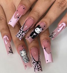 Cute Nail Designs Hello Kitty, Halloween Nail Designs Pink And Black, Gothic Hello Kitty Nails, Pink Hello Kitty Halloween Nails, Stilleto Nails Hello Kitty, Halloween Grunge Nails, Halloween Hello Kitty Nails Short, Slay Nail Designs, Hello Kitty Scream Nails