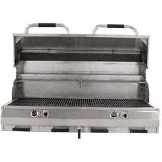 an outdoor grill with two burners on the top and one side open to show it's cooking surface