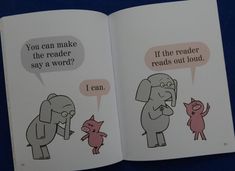 an open children's book with pictures of elephants and pigs talking to each other