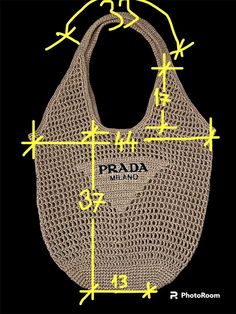 a crocheted bag with measurements for the handles and shoulder straps, as shown in yellow