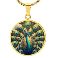 Admire the elegance of the Radiant Peacock Pendant Necklace, featuring a breathtaking stained glass style illustration of a peacock in full feather display. This intricate design showcases the peacock's vibrant plumage with stunning detail, capturing the essence of its regal beauty. Forged from premium surgical steel and available with a lavish 18k gold finish, this innovative jewelry boasts our exclusive design, handcrafted with care right here in the U.S.A by our dedicated team of skilled work Luxury Formal Peacock Design Necklace, Luxury Temple Necklace With Peacock Design, Peacock Design Jewelry Gift, Peacock Design Jewelry As Gift, Peacock Design Jewelry For Gifts, Peacock Design Pendant Necklace Gift, Round Peacock Design Jewelry Gift, Peacock Design Pendant Necklace As Gift, Spiritual Jewelry With Peacock Design As A Gift