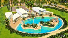 an artist's rendering of a house with a swimming pool and palm trees around it