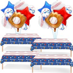 two baseball themed tablecloths with balloons and stars on them, along with an american flag table cloth